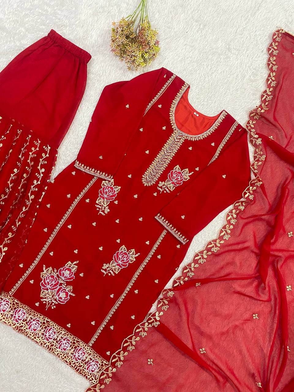 Premium Red Georgette Kurti Gharara Set with Sequin & Beads Embroidery