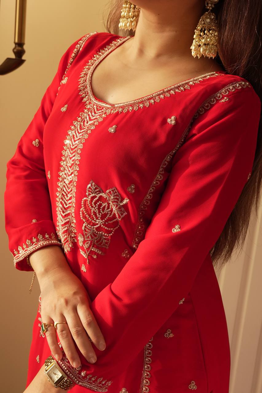Premium Red Georgette Kurti Gharara Set with Sequin & Beads Embroidery