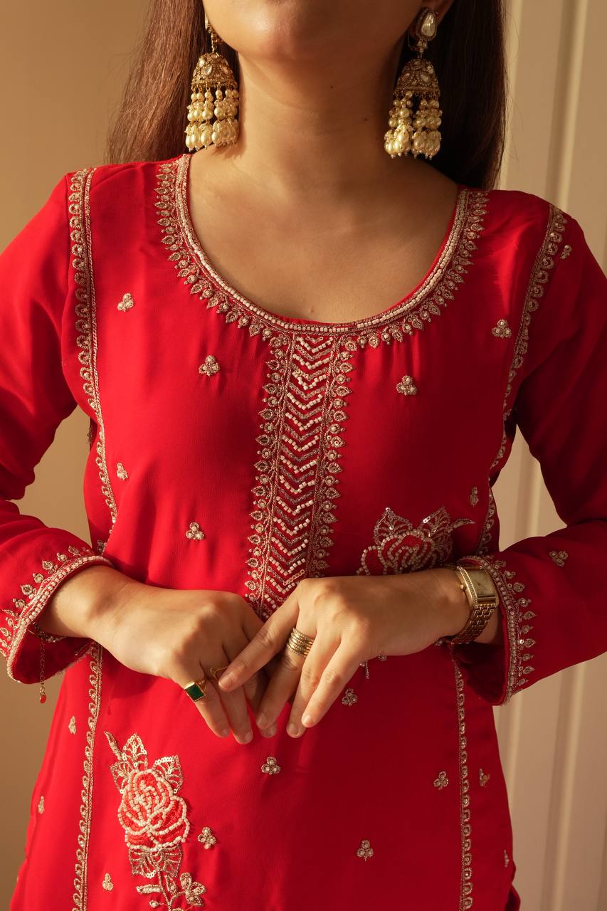 Premium Red Georgette Kurti Gharara Set with Sequin & Beads Embroidery