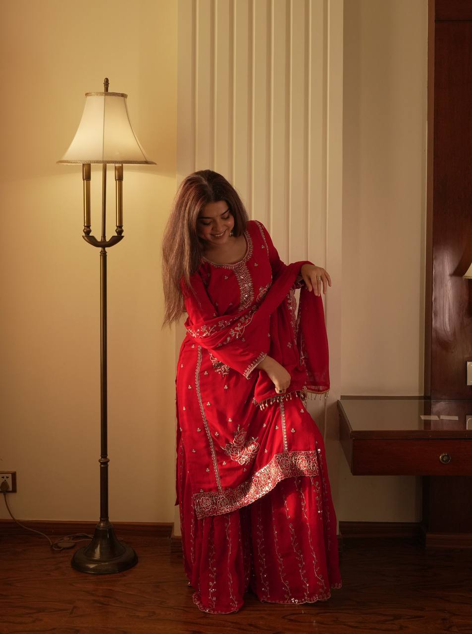 Premium Red Georgette Kurti Gharara Set with Sequin & Beads Embroidery