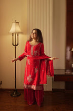 Premium Red Georgette Kurti Gharara Set with Sequin & Beads Embroidery