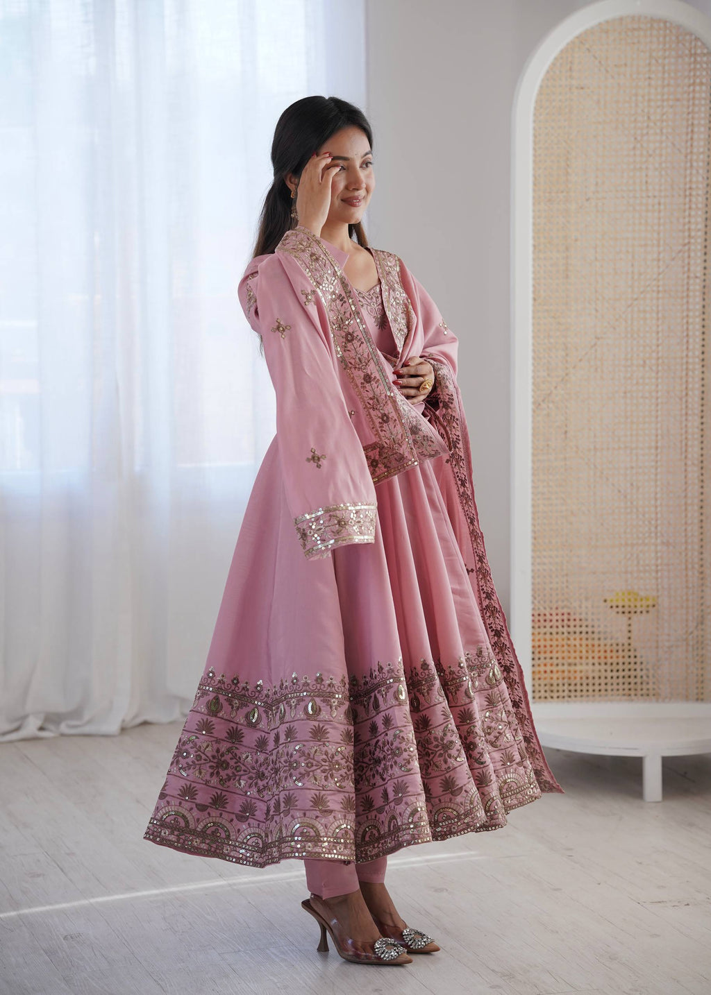 Inaaya Pink Roman Silk Anarkali Set with Embroidery Work
