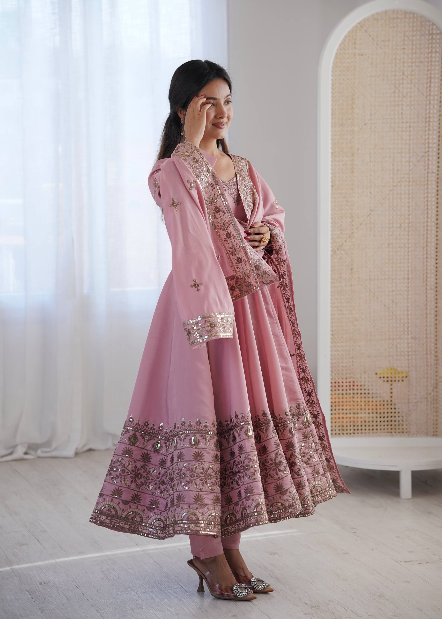 Inaaya Pink Roman Silk Anarkali Set with Embroidery Work