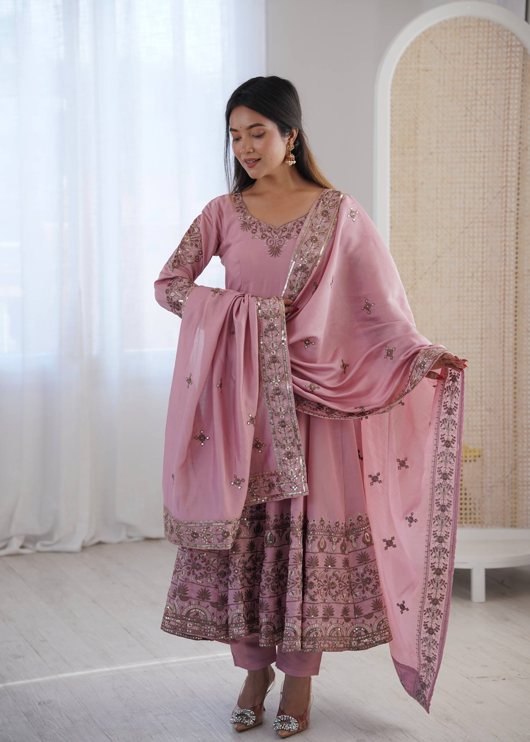 Inaaya Pink Roman Silk Anarkali Set with Embroidery Work