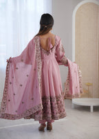 Inaaya Pink Roman Silk Anarkali Set with Embroidery Work