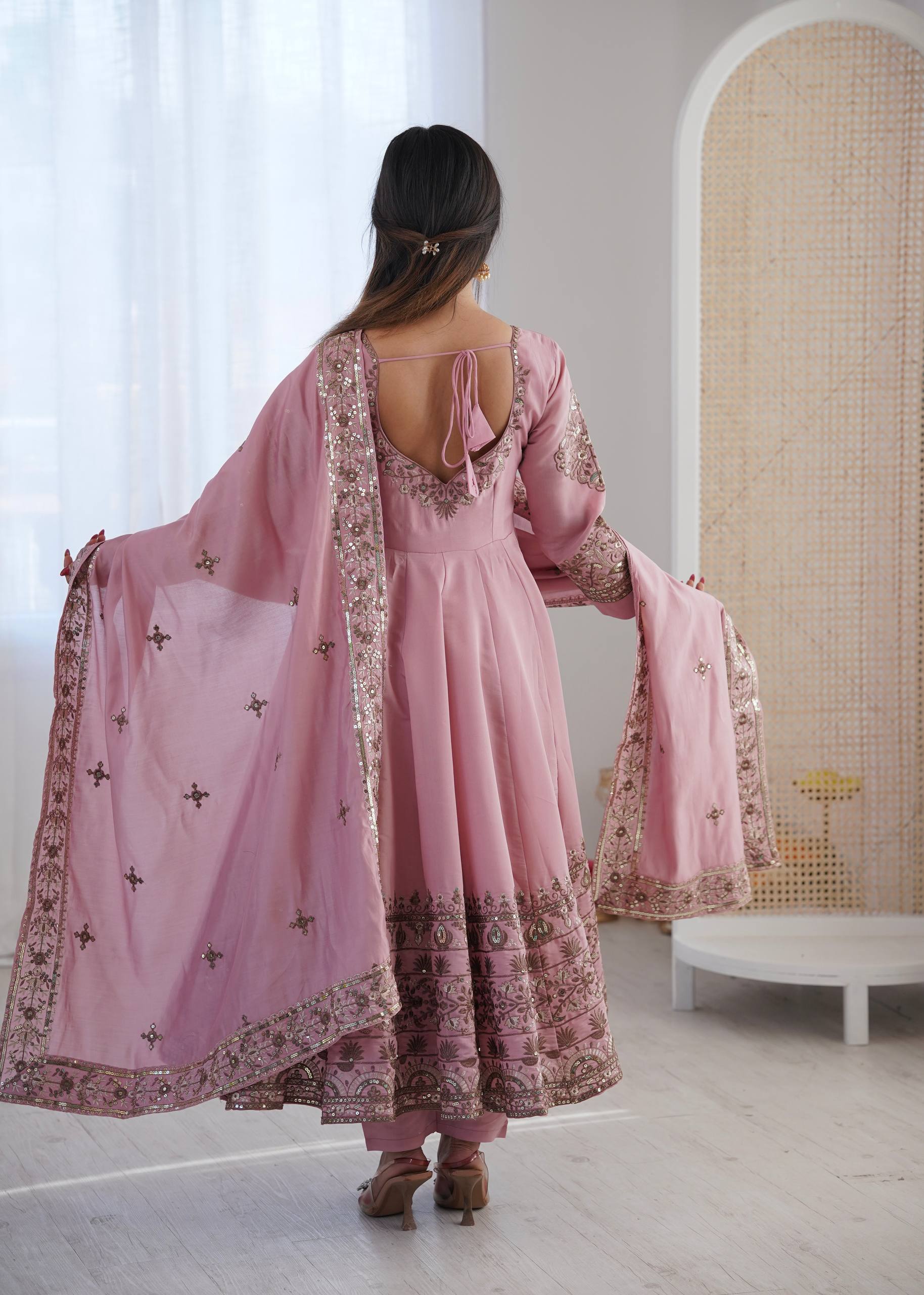 Inaaya Pink Roman Silk Anarkali Set with Embroidery Work