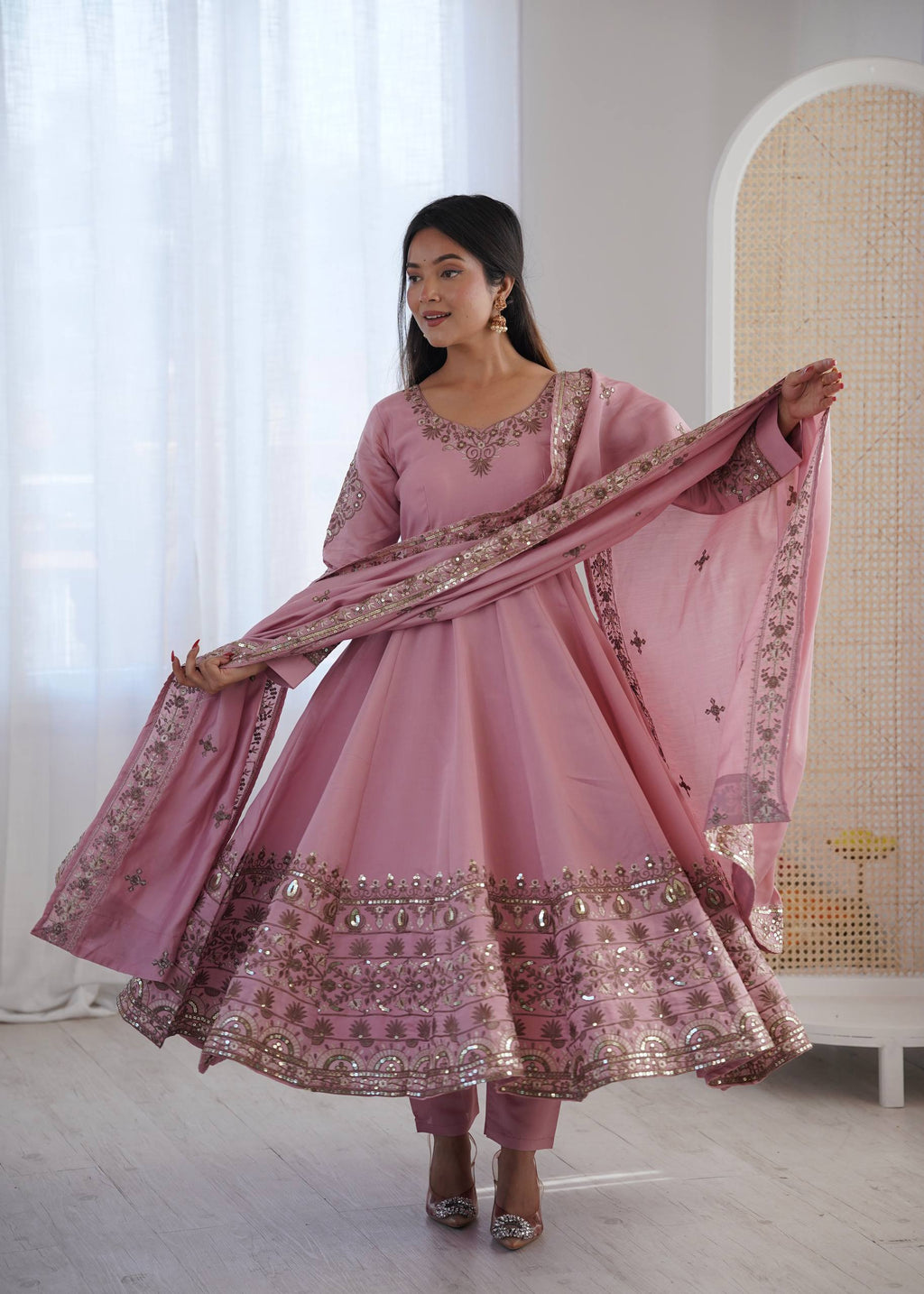 Inaaya Pink Roman Silk Anarkali Set with Embroidery Work