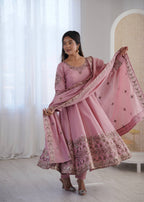 Inaaya Pink Roman Silk Anarkali Set with Embroidery Work