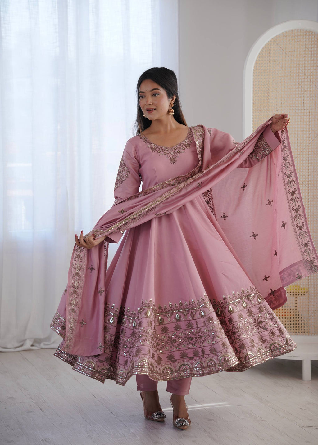 Inaaya Pink Roman Silk Anarkali Set with Embroidery Work