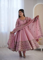 Inaaya Pink Roman Silk Anarkali Set with Embroidery Work