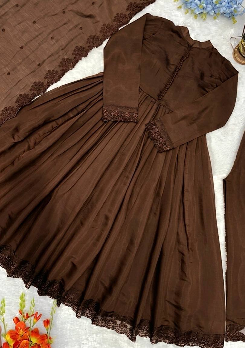 Eshany Roman Silk Embroidered Gown with Bottom & Cutwork Dupatta