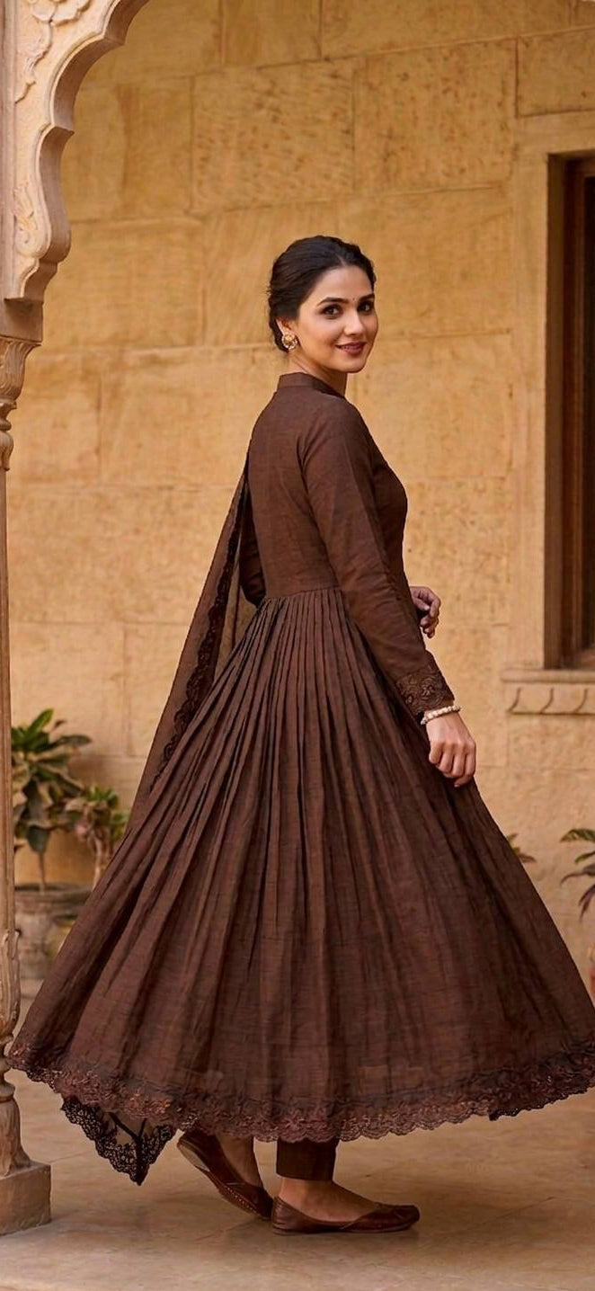 Eshany Roman Silk Embroidered Gown with Bottom & Cutwork Dupatta