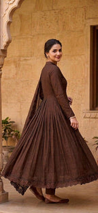 Eshany Roman Silk Embroidered Gown with Bottom & Cutwork Dupatta