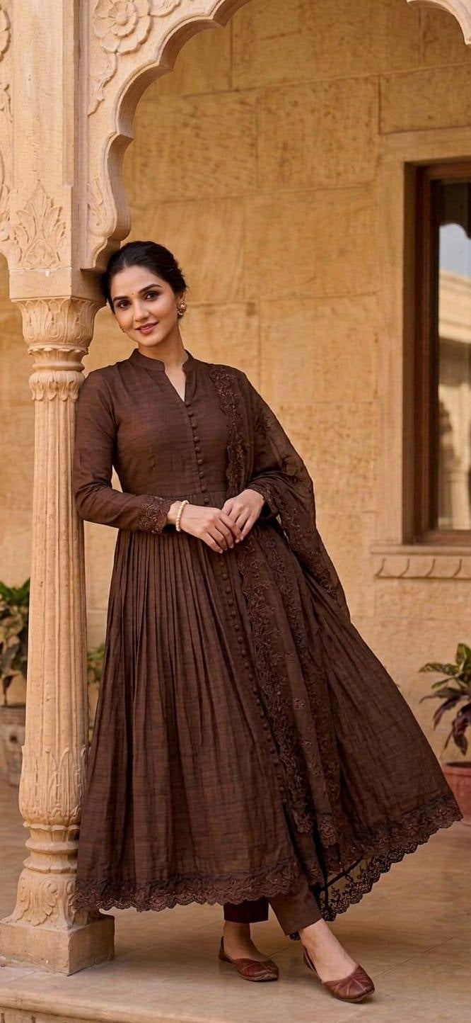 Eshany Roman Silk Embroidered Gown with Bottom & Cutwork Dupatta