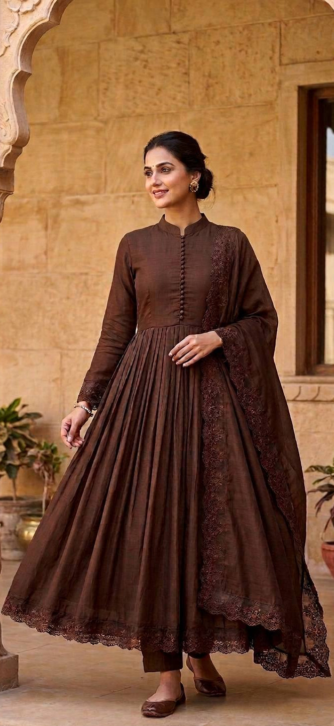 Eshany Roman Silk Embroidered Gown with Bottom & Cutwork Dupatta