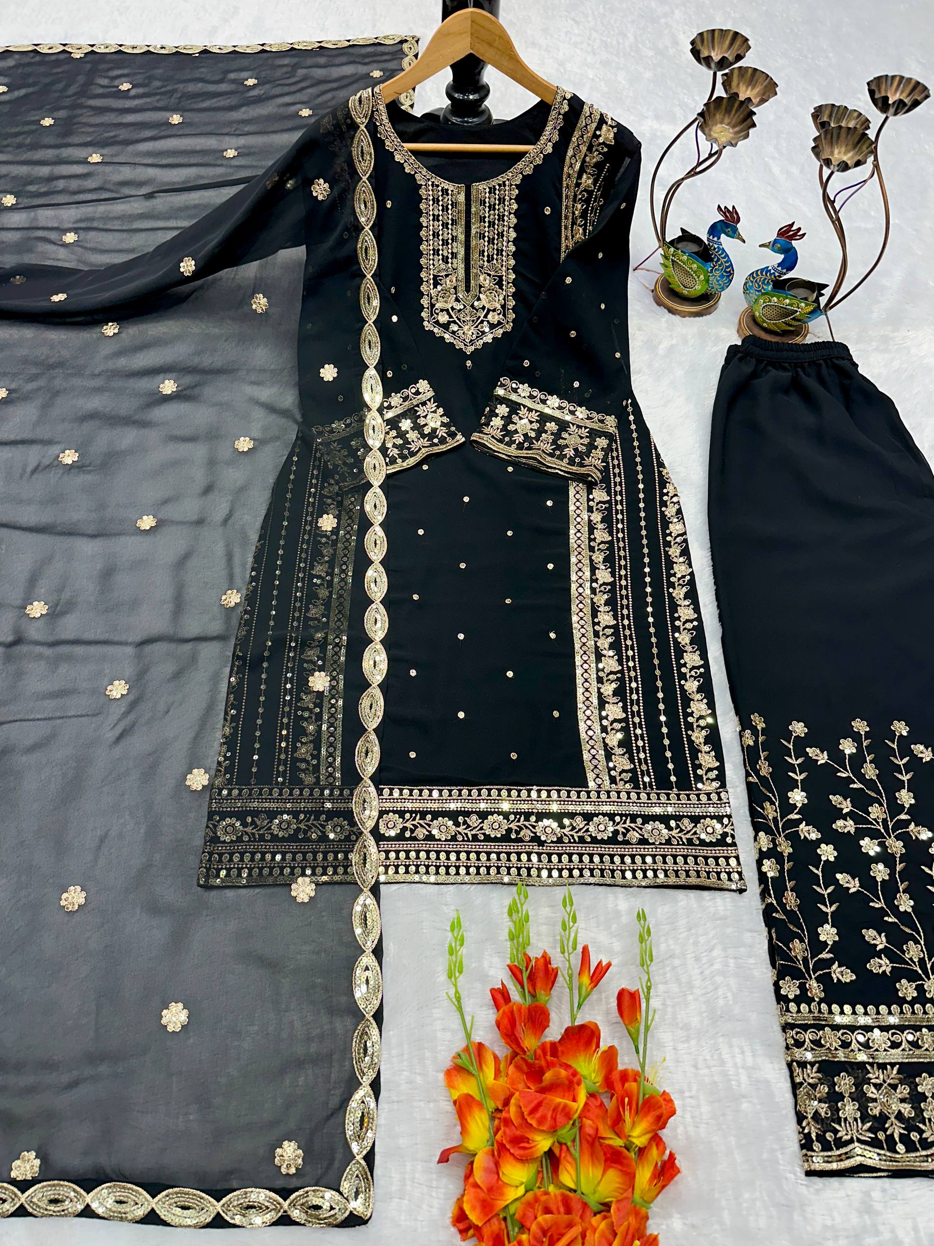 Mahira Black Georgette Embroidered Straight Fit Kurti with Bottom & Dupatta