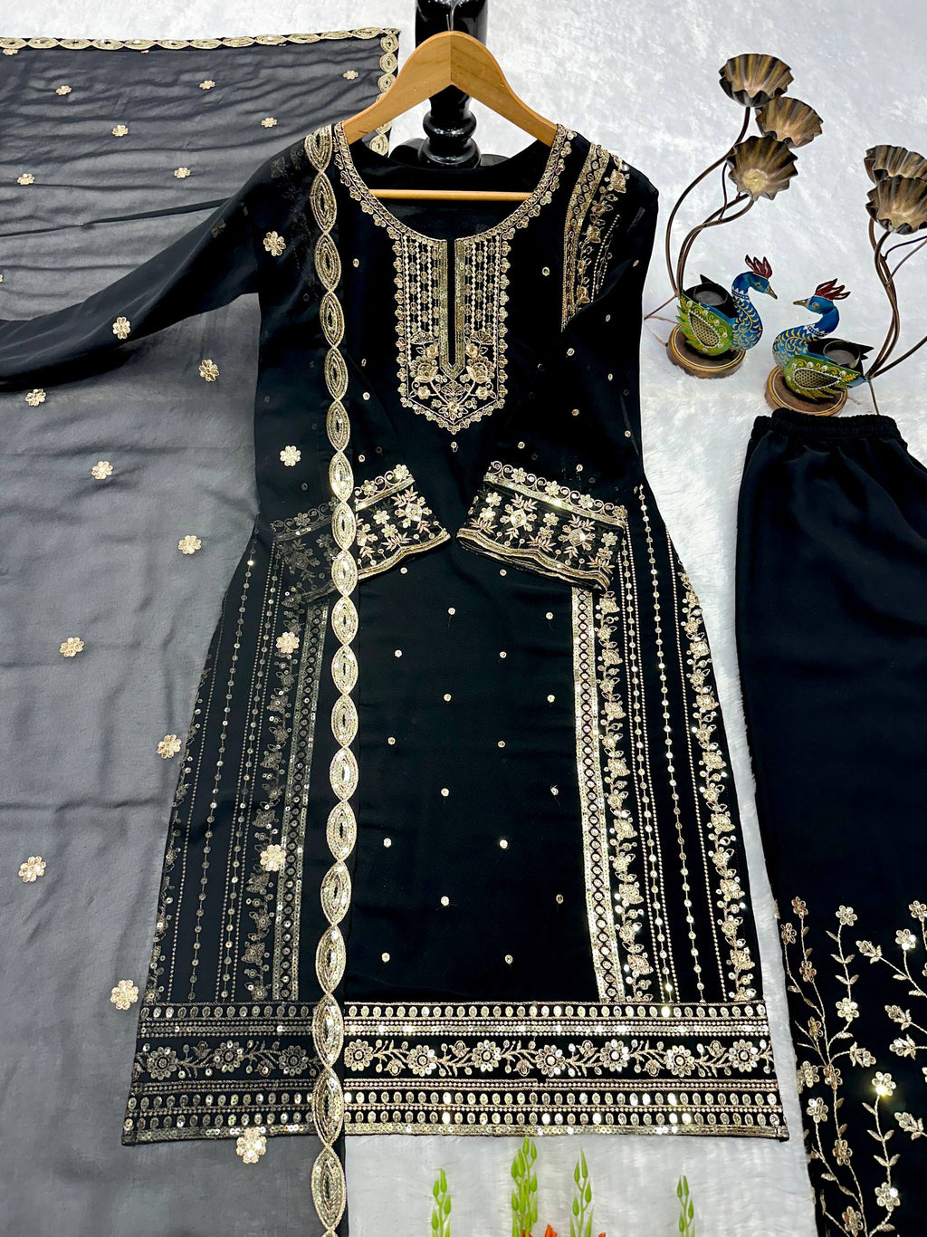 Mahira Black Georgette Embroidered Straight Fit Kurti with Bottom & Dupatta
