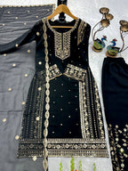 Mahira Black Georgette Embroidered Straight Fit Kurti with Bottom & Dupatta
