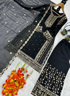 Mahira Black Georgette Embroidered Straight Fit Kurti with Bottom & Dupatta