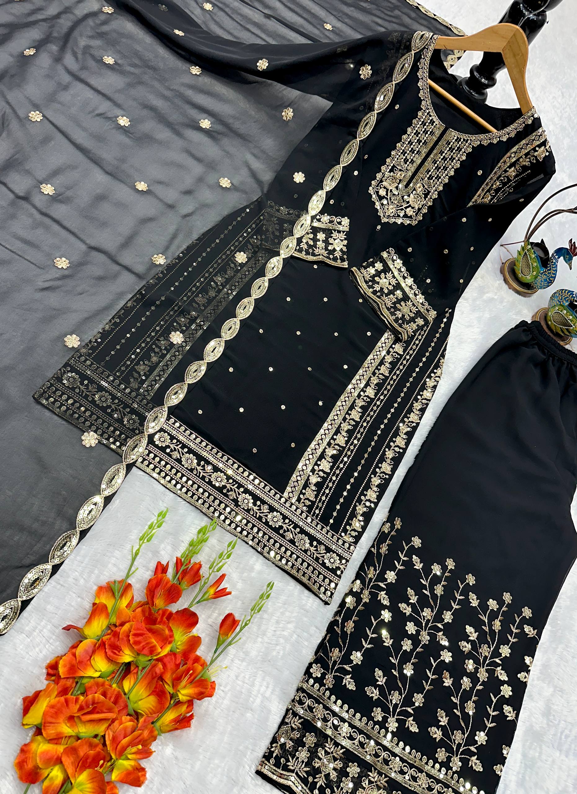 Mahira Black Georgette Embroidered Straight Fit Kurti with Bottom & Dupatta