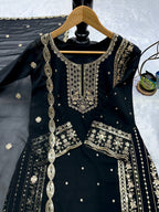 Mahira Black Georgette Embroidered Straight Fit Kurti with Bottom & Dupatta