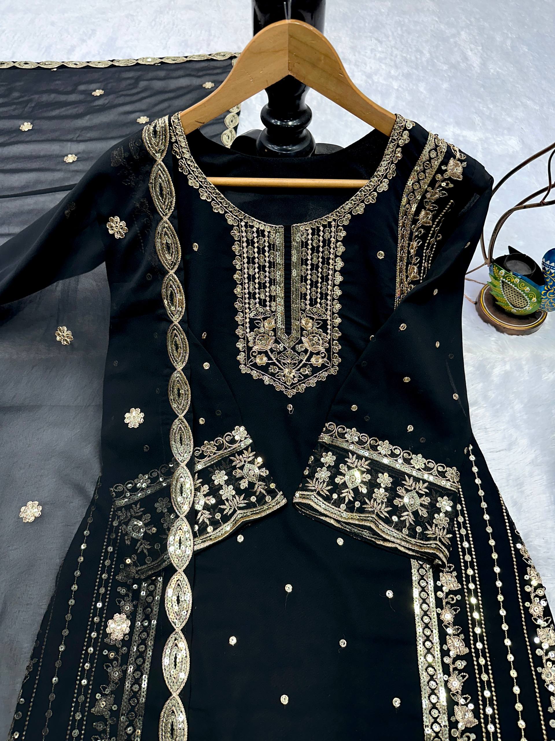 Mahira Black Georgette Embroidered Straight Fit Kurti with Bottom & Dupatta