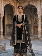 Mahira Black Georgette Embroidered Straight Fit Kurti with Bottom & Dupatta