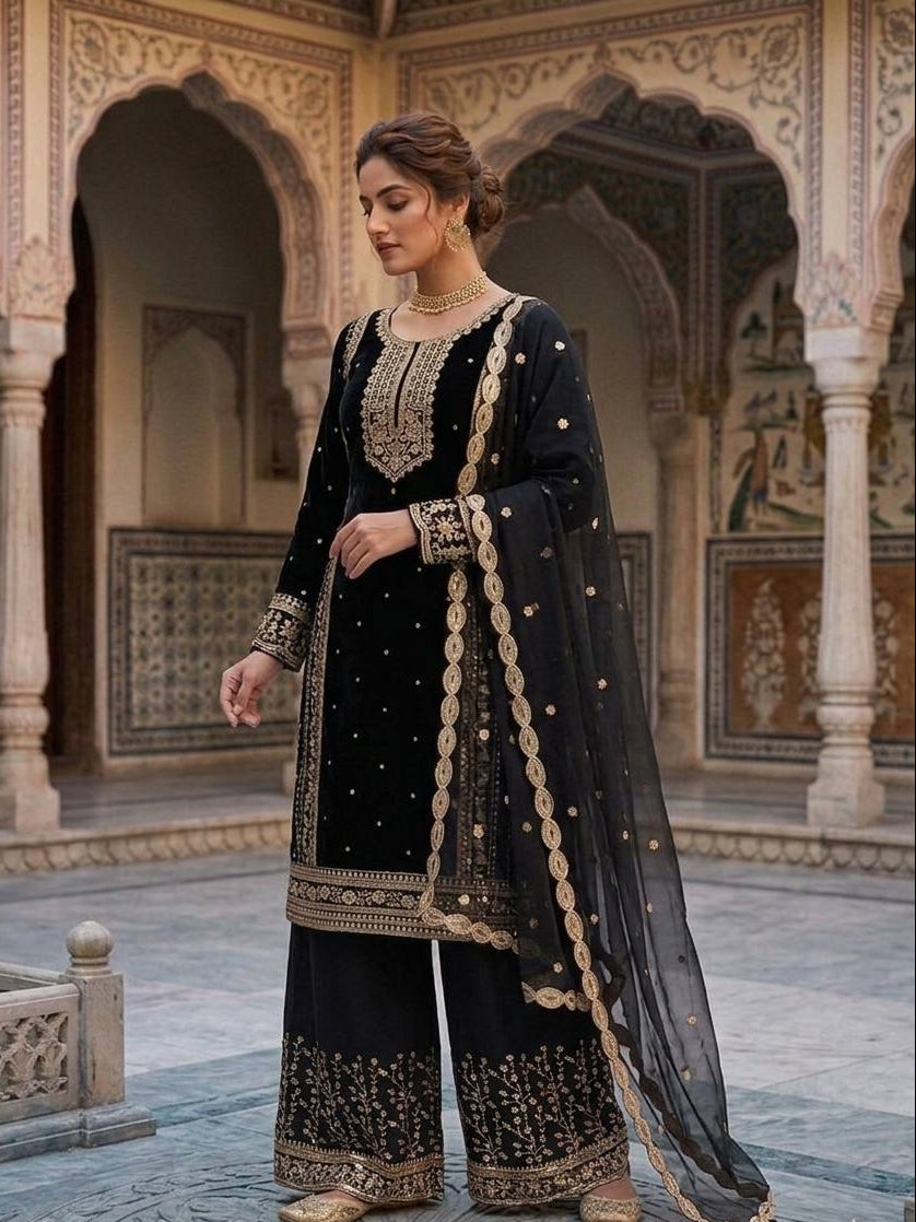 Mahira Black Georgette Embroidered Straight Fit Kurti with Bottom & Dupatta