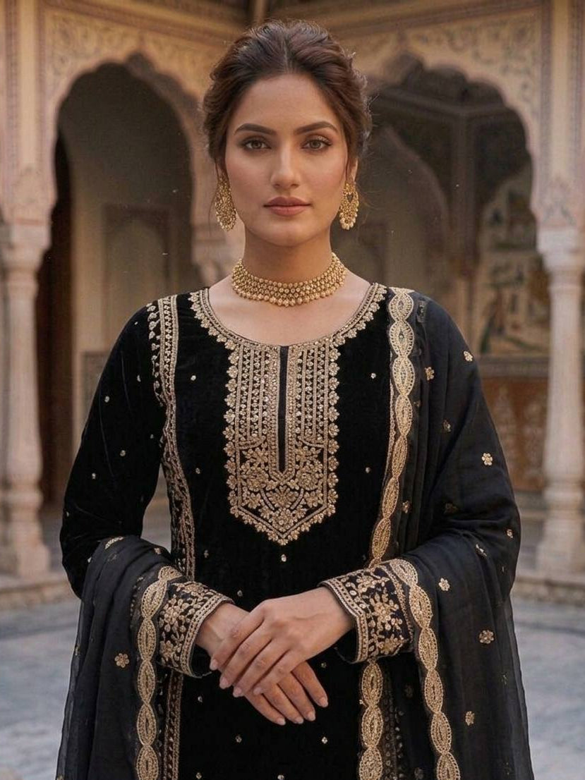 Mahira Black Georgette Embroidered Straight Fit Kurti with Bottom & Dupatta