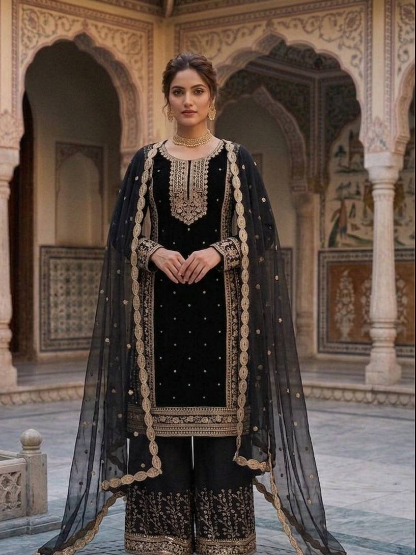 Mahira Black Georgette Embroidered Straight Fit Kurti with Bottom & Dupatta