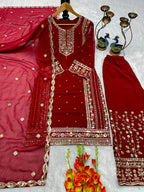 Mahira Red Georgette Embroidered Straight Fit Kurti with Bottom & Dupatta