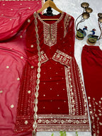 Mahira Red Georgette Embroidered Straight Fit Kurti with Bottom & Dupatta