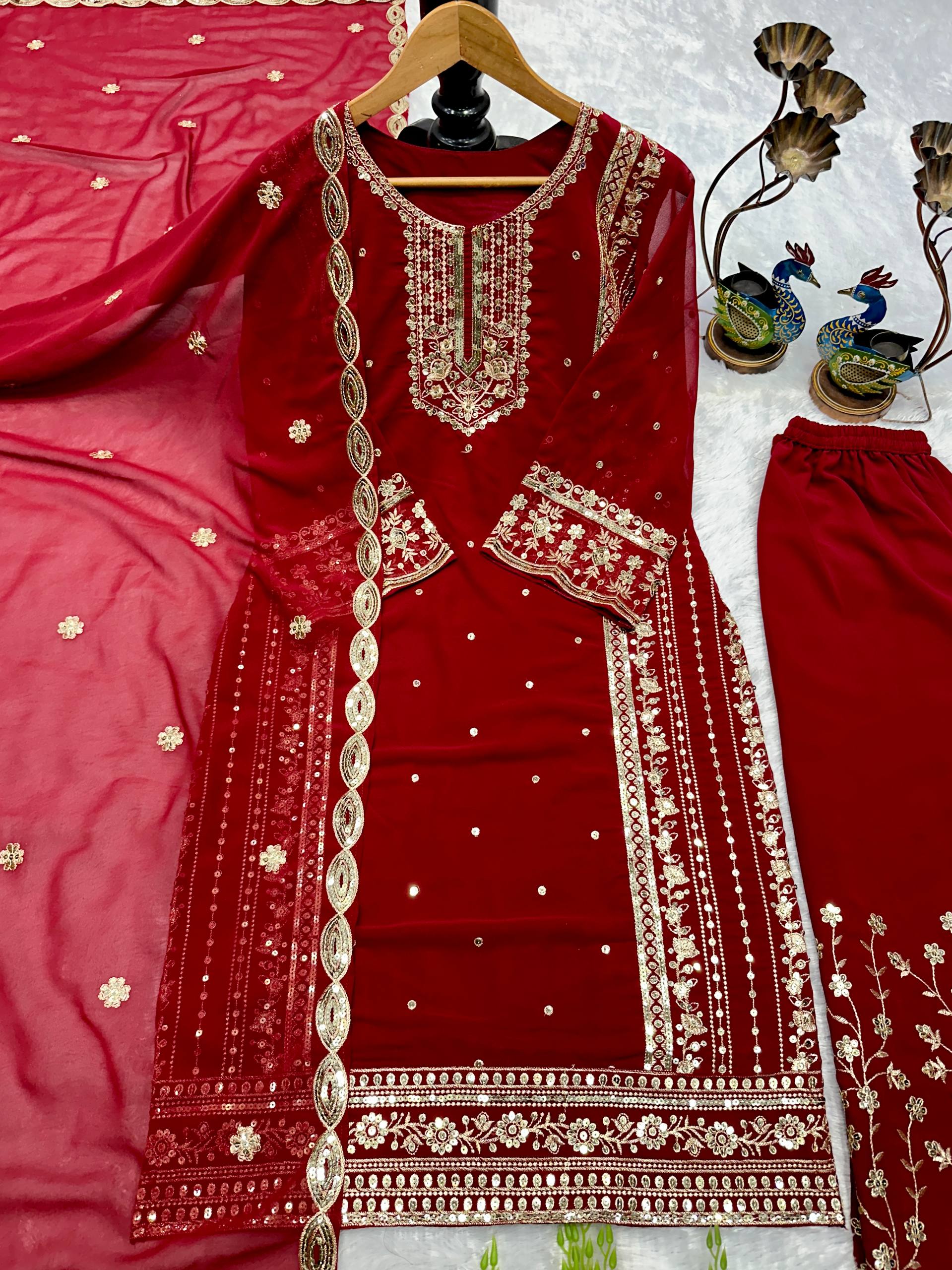 Mahira Red Georgette Embroidered Straight Fit Kurti with Bottom & Dupatta