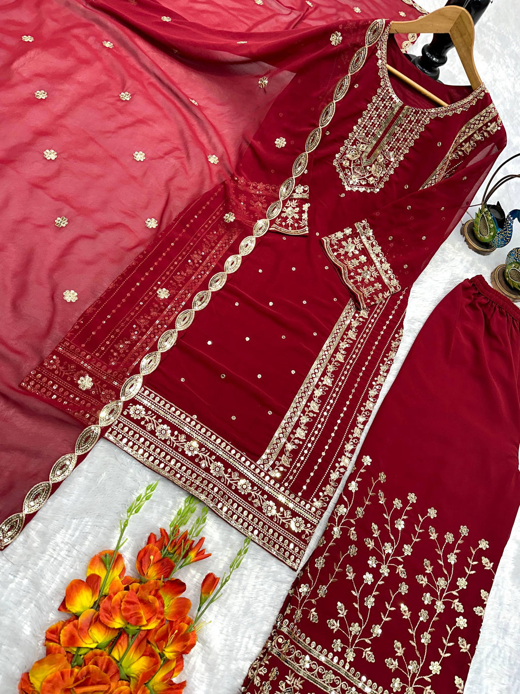 Mahira Red Georgette Embroidered Straight Fit Kurti with Bottom & Dupatta