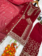 Mahira Red Georgette Embroidered Straight Fit Kurti with Bottom & Dupatta