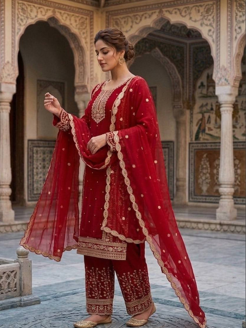 Mahira Red Georgette Embroidered Straight Fit Kurti with Bottom & Dupatta