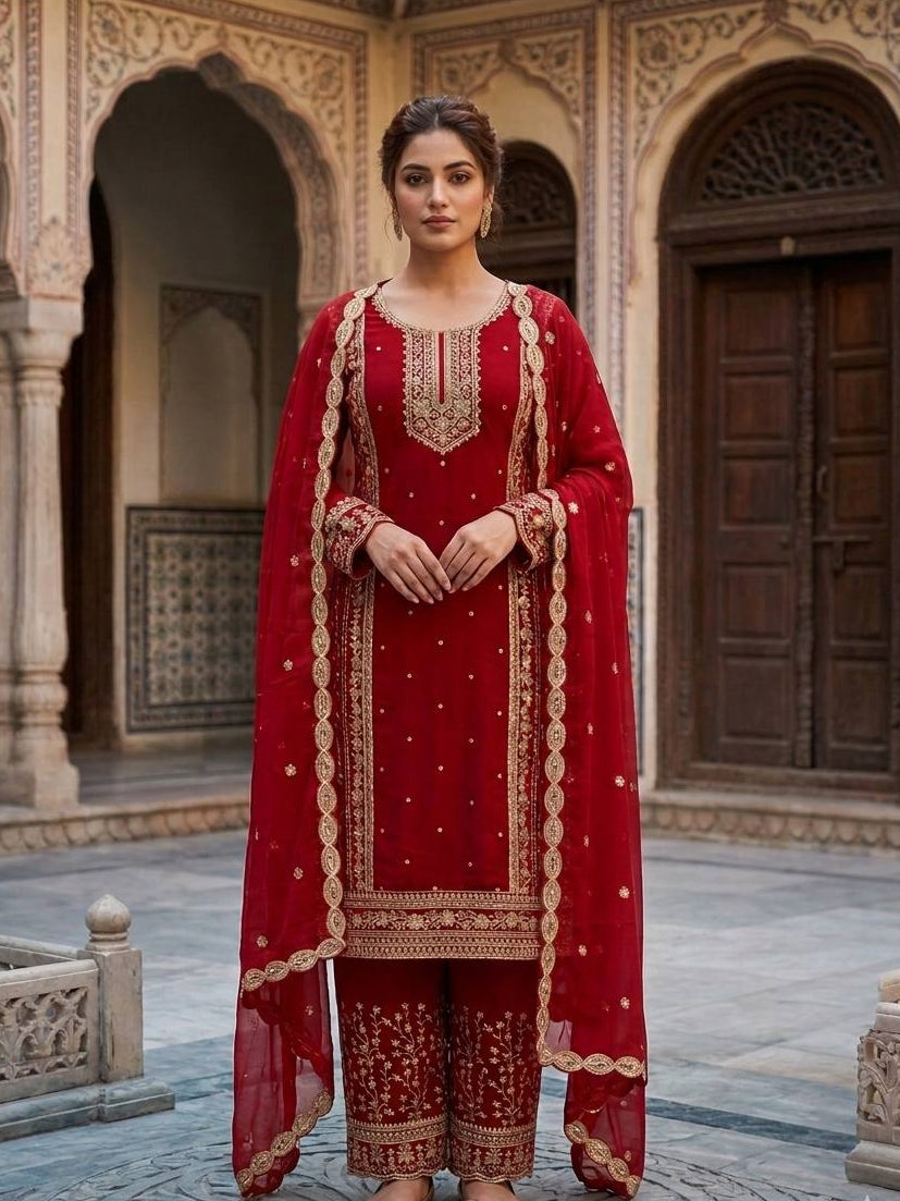 Mahira Red Georgette Embroidered Straight Fit Kurti with Bottom & Dupatta