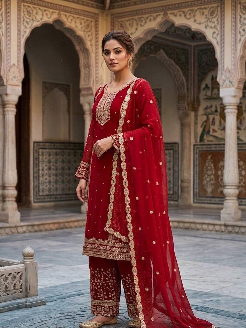 Mahira Red Georgette Embroidered Straight Fit Kurti with Bottom & Dupatta