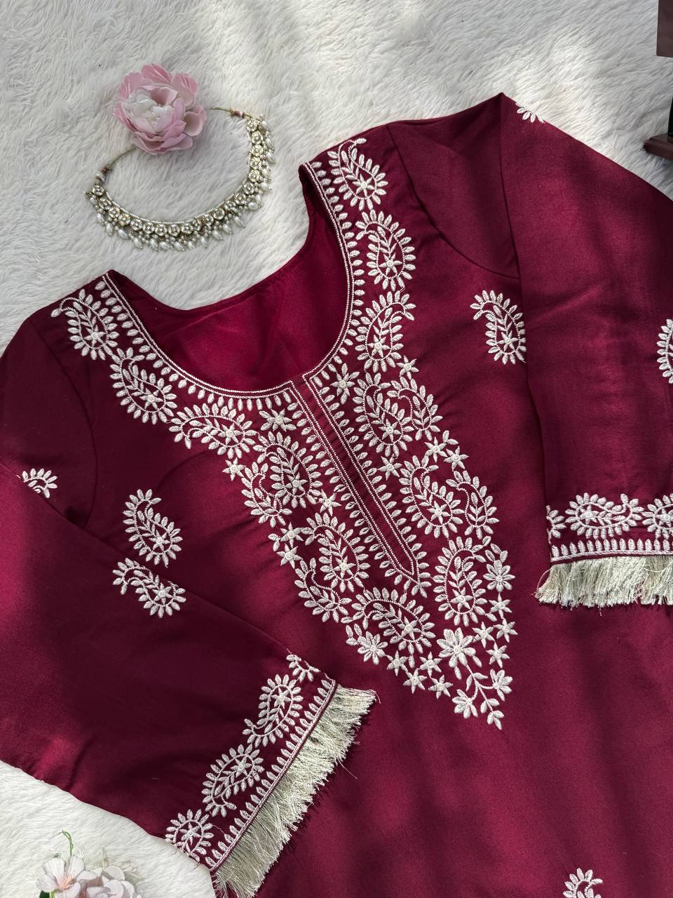 Ruhika Rayon Thread Work Kurti Set with Bell-Bottom