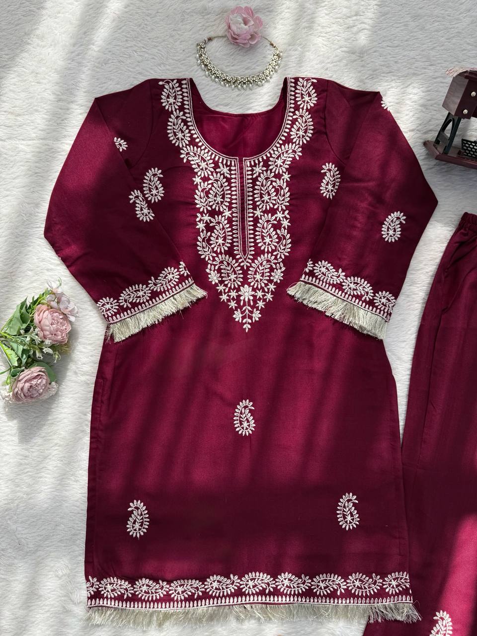Ruhika Rayon Thread Work Kurti Set with Bell-Bottom