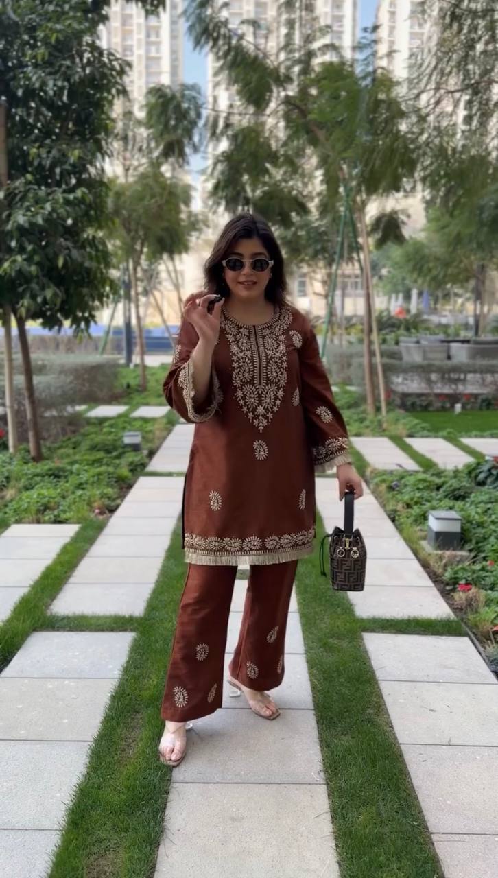 Ruhika Rayon Thread Work Kurti Set with Bell-Bottom