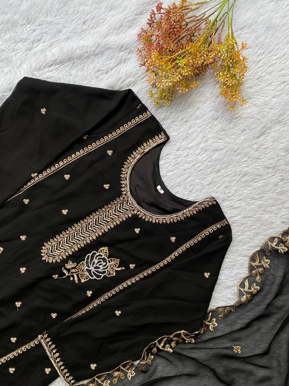 Premium Black Georgette Kurti Gharara Set with Sequin & Beads Embroidery