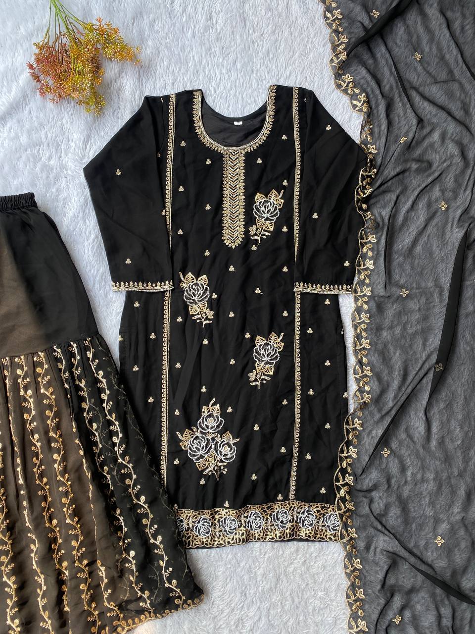 Premium Black Georgette Kurti Gharara Set with Sequin & Beads Embroidery