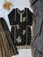 Premium Black Georgette Kurti Gharara Set with Sequin & Beads Embroidery