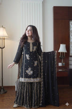 Premium Black Georgette Kurti Gharara Set with Sequin & Beads Embroidery