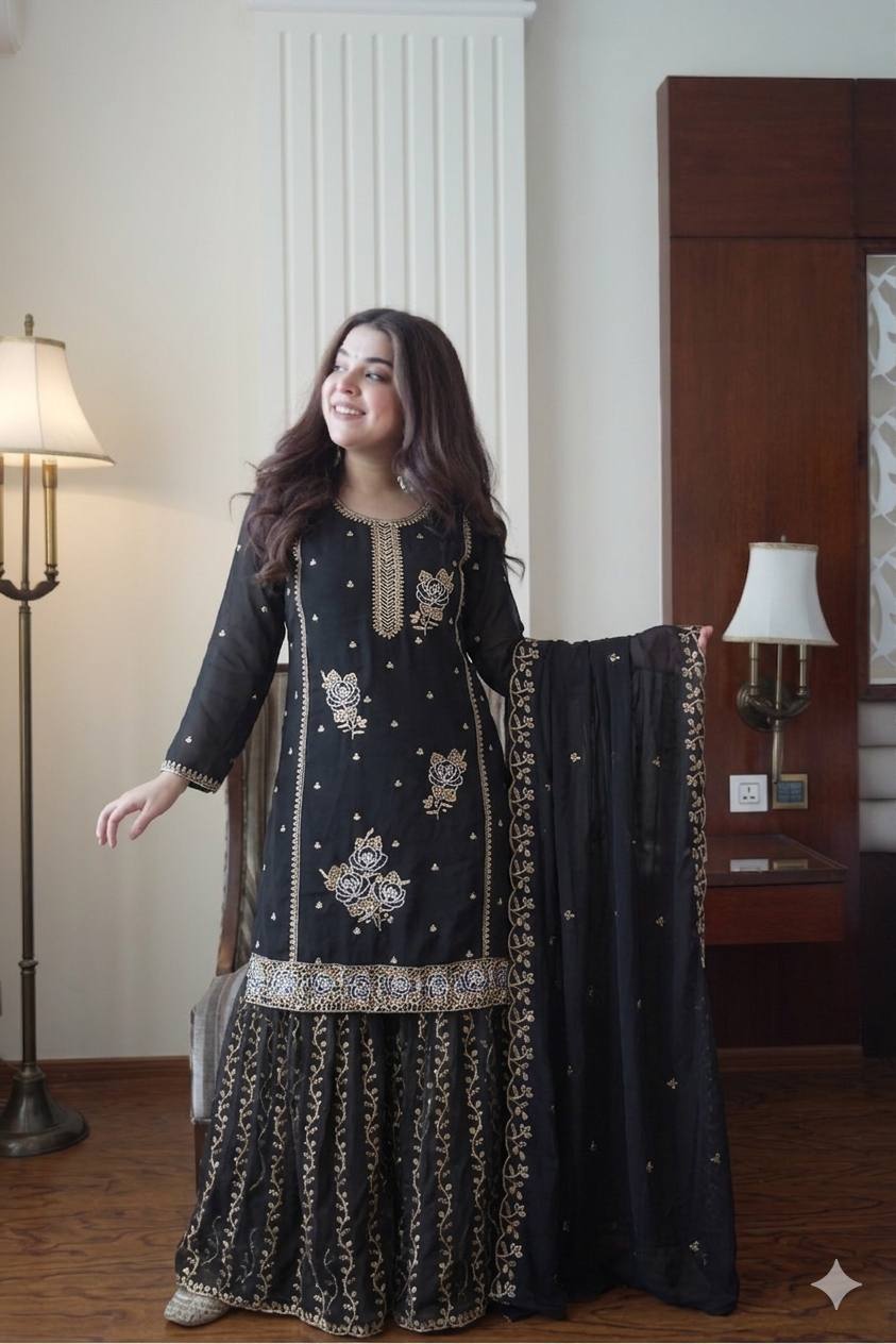 Premium Black Georgette Kurti Gharara Set with Sequin & Beads Embroidery