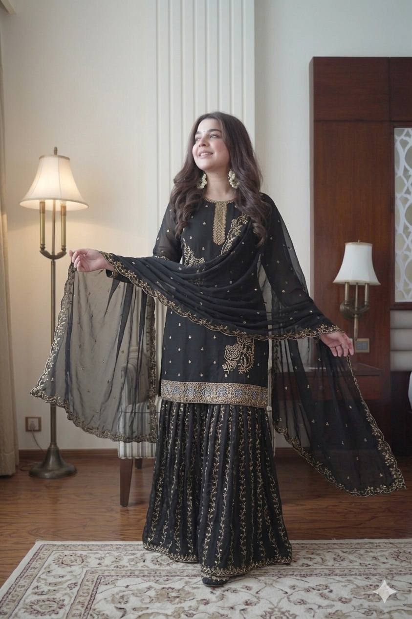 Premium Black Georgette Kurti Gharara Set with Sequin & Beads Embroidery