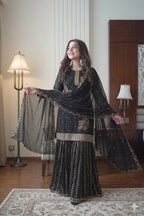 Premium Black Georgette Kurti Gharara Set with Sequin & Beads Embroidery