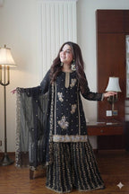 Premium Black Georgette Kurti Gharara Set with Sequin & Beads Embroidery