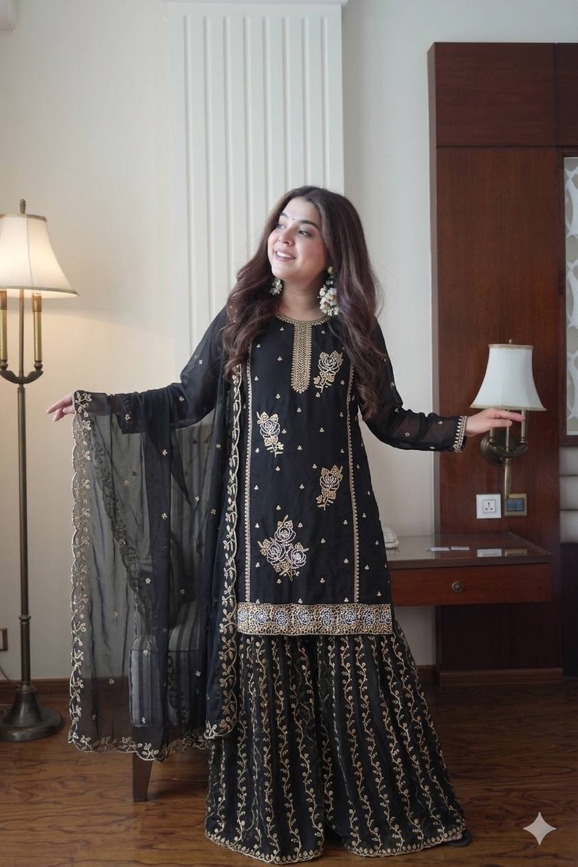 Premium Black Georgette Kurti Gharara Set with Sequin & Beads Embroidery